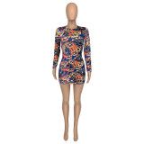 Women Casual Print Long Sleeve Bodycon Dress