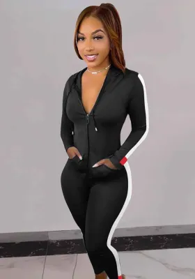 Women Casual Contrast Tape Patchwork Zip Hoodies + Pants Two-Piece Set