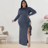 Plus Size Fall Women Long Sleeve Slit Tie Maxi Dress