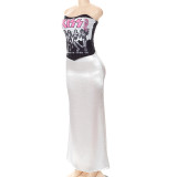 Women Fall Sexy Print Strapless Top+ Long Dress Two Piece Set