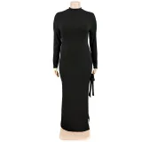 Plus Size Fall Women Long Sleeve Slit Tie Maxi Dress