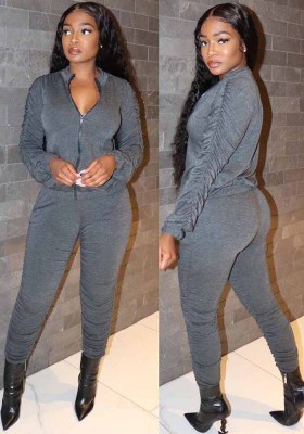Sexy Women's Solid Color Zipper Ruched Long Sleeve Two-Piece Tracksuit Set