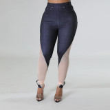 Womne Sexy Positioning Denim Pattern Print Mesh Patchwork Trousers