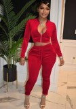 Ladies Fashion Casual Solid color Zip Long Sleeve Two Piece Tracksuit