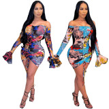 Women's Off Shoulder Chic Sexy Graffiti Print Ruched Flare Long Sleeve Mini Dress
