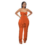 Casual Women's Knotted Strapless Top Fringe Wide Leg Pants Two Piece Set
