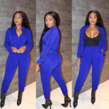 Sexy Women's Solid Color Zipper Ruched Long Sleeve Two-Piece Tracksuit Set