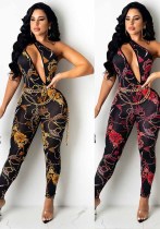 Summer Women's Sexy Mesh See-Through Nightclub Digital Print Jumpsuit