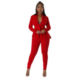 Women's Solid Color V-Neck Irregular Ruffle Two Piece Pants Set
