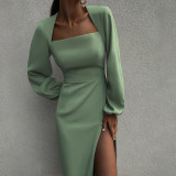 Women's Fall Elegant Long Sleeve Solid Slit Bodycon Square Neck Chic Career Dress