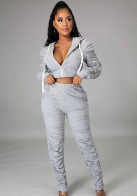 Women's Hooded Pocket Pleated Solid Two-Piece Tacksuit Set
