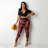 Fashion sexy mesh print women's two-piece pants set