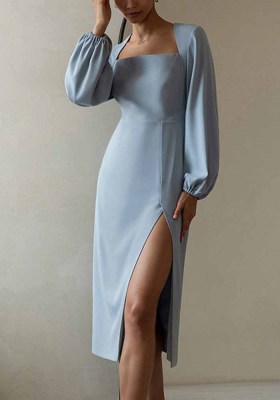Women's Fall Elegant Long Sleeve Solid Slit Bodycon Square Neck Chic Career Dress