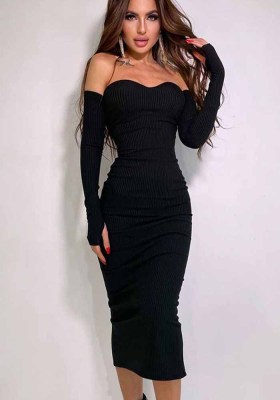 Fall Women Sexy Knitting Off Shoulder Long Sleeve Strapless Slim Fitted Dress