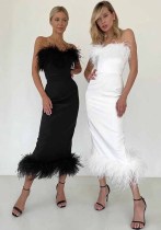 Fall Women's Stylish Strapless Fur Trim Slim Evening Dress