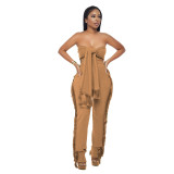 Casual Women's Knotted Strapless Top Fringe Wide Leg Pants Two Piece Set
