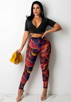 Fashion sexy mesh print women's two-piece pants set