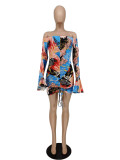 Women's Off Shoulder Chic Sexy Graffiti Print Ruched Flare Long Sleeve Mini Dress