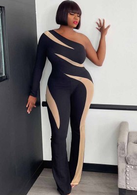 Plus Size Women's Sexy slash shoulder Colorblock Long Sleeve Jumpsuit Wide Leg Pants Women