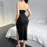 Women's Fall Slim Contrast Low Back Slim Waist Slit Strap Long Dress