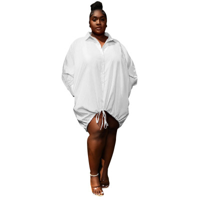 Solid Long Sleeve Loose Drawstring Shirt Plus Size Dress