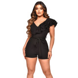 Fashion V-Neck Sexy Low Back Ruffle Edge Lace-Up Slim Party Jumpsuit