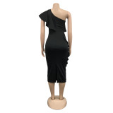 Fashion Ladies Slash Shoulder Sleeveless Solid Dress