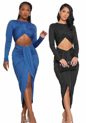 Fall Women's French Maxi Dress Long Sleeve Cut Out Tight Fitting Evening Dress