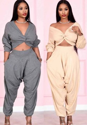 Autumn and winter women's sexy Crop V-neck solid color cross top drop crotch pants suit women