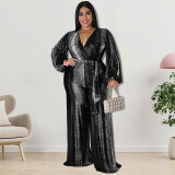 Plus Size Women's Clothing Fall V-Neck Long Sleeve Jumpsuit