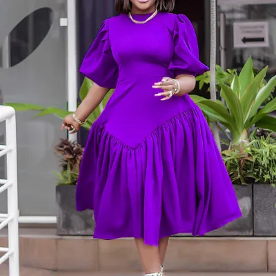 Women's Pleated African Plus Size Fashion Puff Sleeve Dress