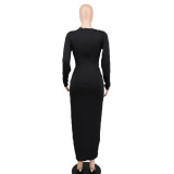 Fall Women's French Maxi Dress Long Sleeve Cut Out Tight Fitting Evening Dress