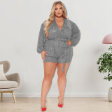 Plus Size Women's Sequins Long Sleeve V Neck Rompers