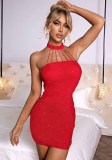 Halter Neck Mid Waist Sexy Low Back Red Party Women Bodycon Evening Dress