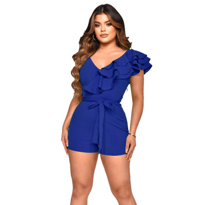 Fashion V-Neck Sexy Low Back Ruffle Edge Lace-Up Slim Party Jumpsuit