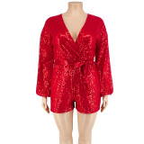 Plus Size Women's Sequins Long Sleeve V Neck Rompers