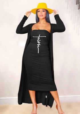 Women Fall Long Sleeve Robe +Print Strapless Maxi Dress Two Piece