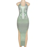 Women Sexy Halter Neck Tie Backless Slit Dress