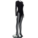 Womens Sexy See-Through Mesh Jacquard Long Sleeve Round Neck Foot Jumpsuit