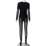 Womens Sexy See-Through Mesh Jacquard Long Sleeve Round Neck Foot Jumpsuit