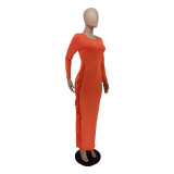 Women Autumn Solid Color Round Neck Long Sleeve Fringe Dress