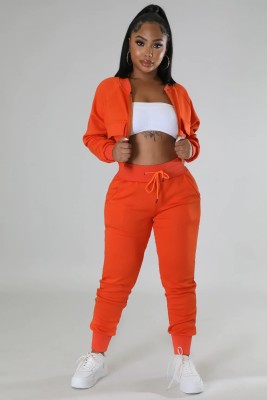 Women Casual Solid Zip Long Sleeve Top+Pant Two Piece