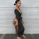 Women Fall Sexy Long Sleeve Cutout Lace-Up Bodycon Dress