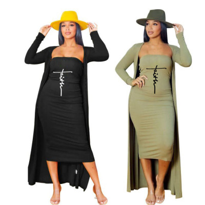 Women Fall Long Sleeve Robe +Print Strapless Maxi Dress Two Piece