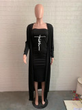 Women Fall Long Sleeve Robe +Print Strapless Maxi Dress Two Piece
