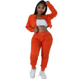 Women Casual Solid Zip Long Sleeve Top+Pant Two Piece