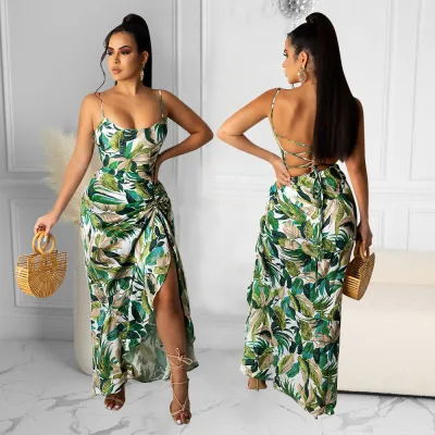 Women Summer Sexy Strap Dress Irregular Print Long Dress