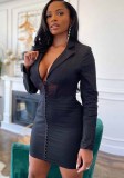 Women Sexy Long Sleeve Solid Color Mesh Patchwork Button Suit Dress