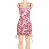 Women Fall Print Drawstring Backless Bodycon Dress