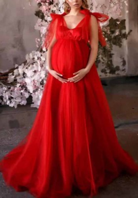 Women elegant fluffy mesh maternity dress